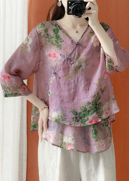 Brown Asymmetrical Print Linen Blouses Half Sleeve