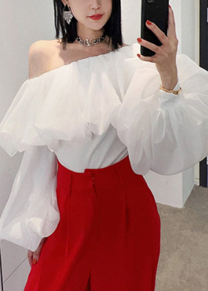 White Ruffled Chiffon Shirts Slash Neck Puff Sleeve