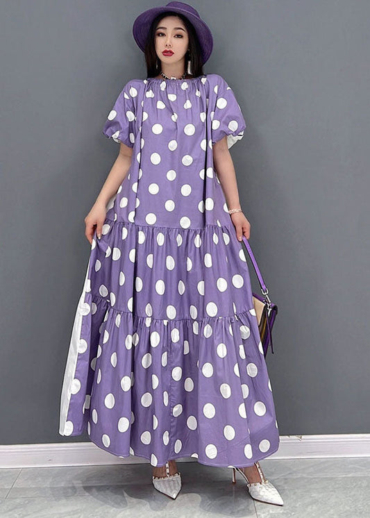 Purple Dot Print Cotton Long Dress Wear on Both Sides Exra Large Hem Short Sleeve