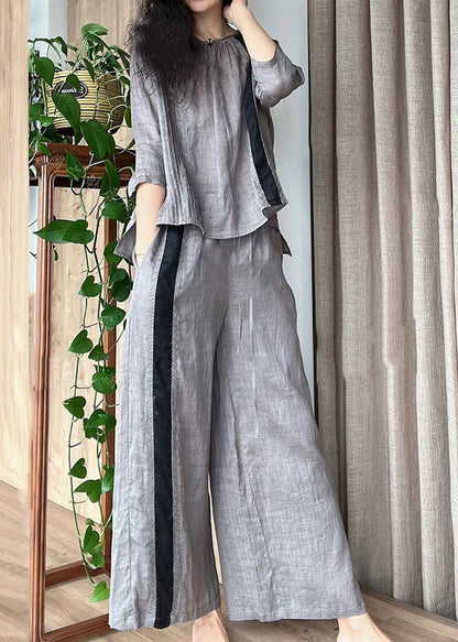 Organic Apricot O-neck Tops and Pants Linen Sets 2 Pieces Fall