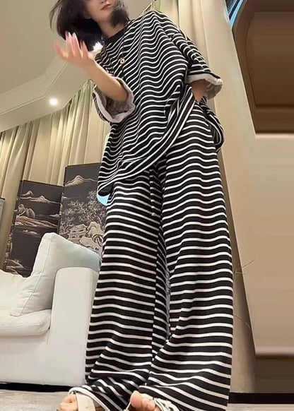 Black Oversized Striped Cotton Two Pieces Set Fall