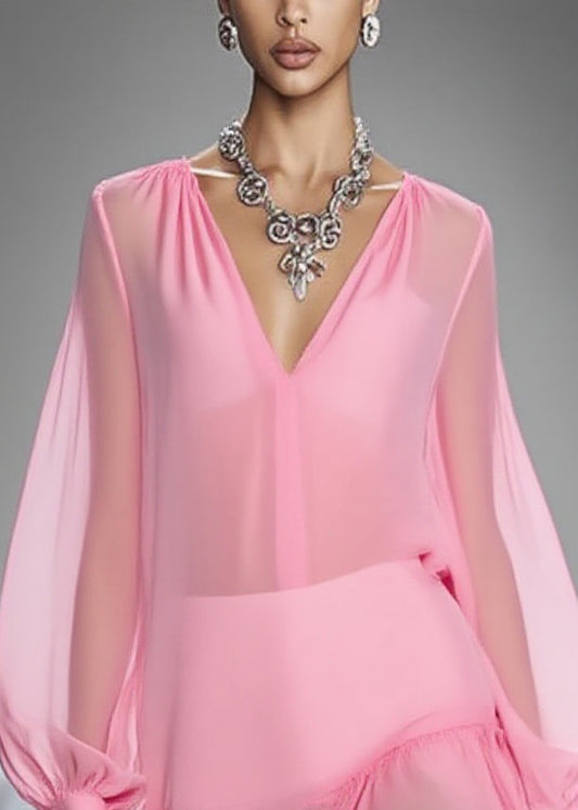 Pink V Neck Wrinkled Tulle Mid Dress Spring