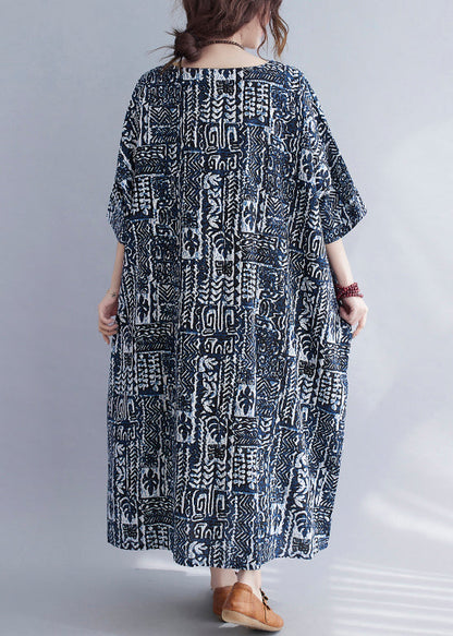 Print O Neck Pockets Cotton Long Dresses Summer