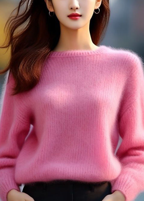 Pink O Neck Cotton Knit Sweaters Spring