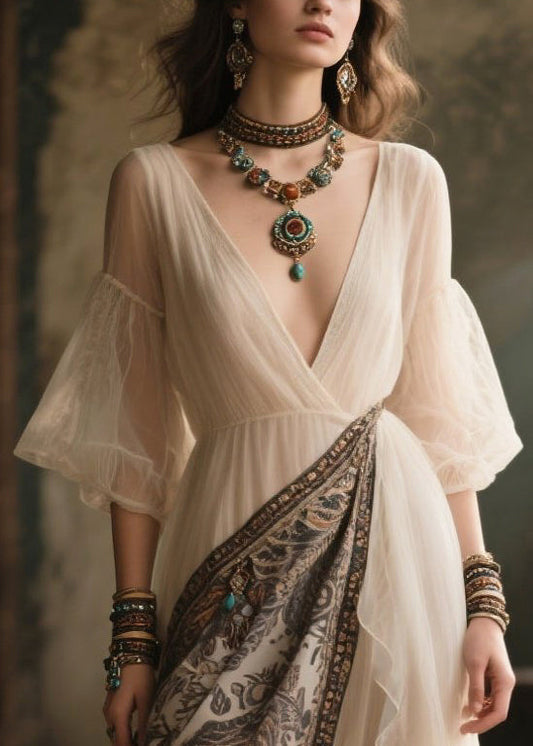 White V Neck Patchwork Chiffon Holiday Dress Summer