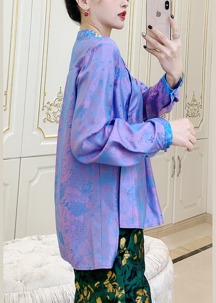 Purple Mandarin Collar Print Button Silk Shirt Top Spring