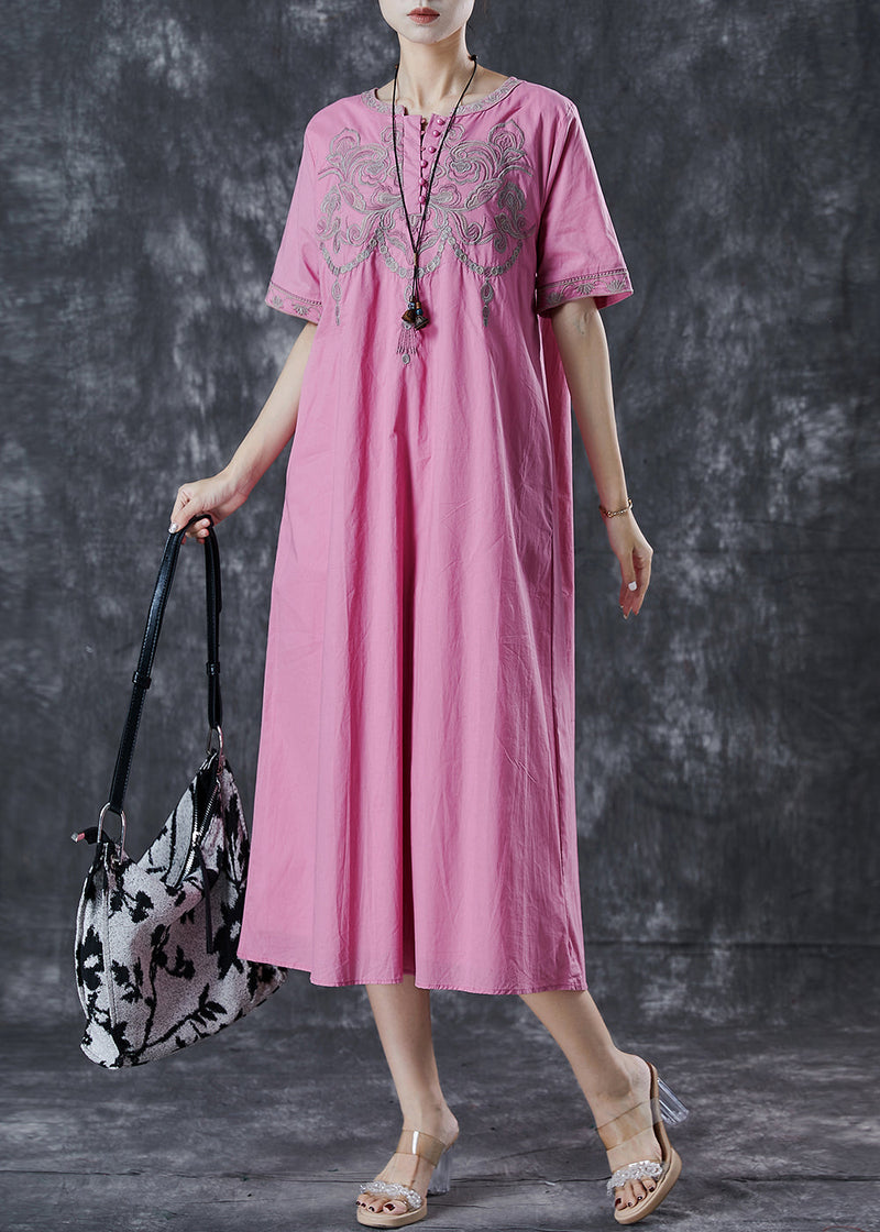 Pink Embroidered Cotton Long Dress Summer