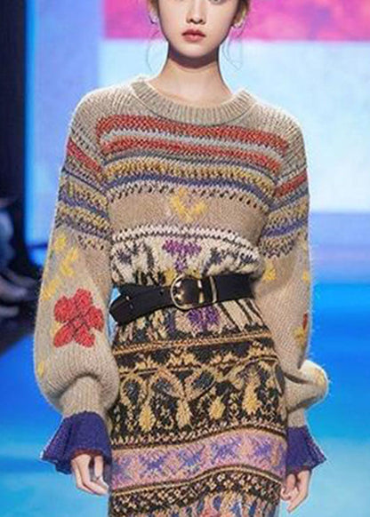 Handmade O-neck Print Cotton Knit Long a Line Sweater Dress Long Sleeve