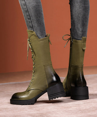 Splicing Chunky Boots Green Cowhide Leather Lace Up