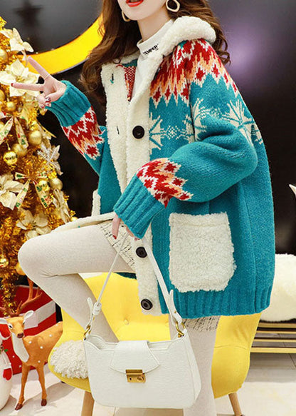 Blue Thick Cozy Button Patchwork Fall Knit Coat