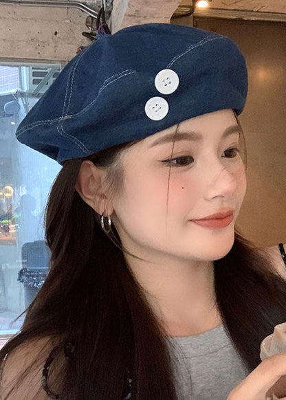 Denim Navy Patchwork Button Beret Hat