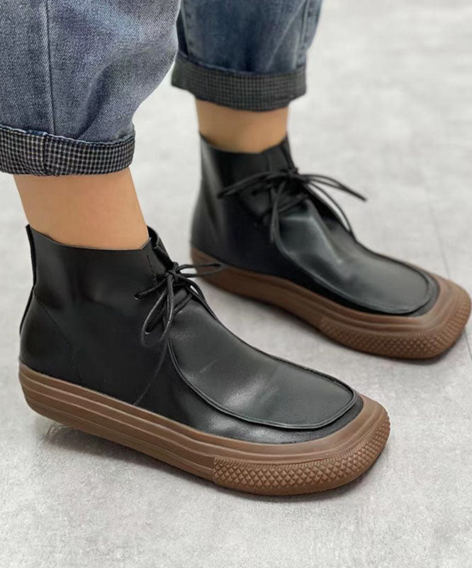 Chocolate Cowhide Leather Boots Lace Up Ankle Boots