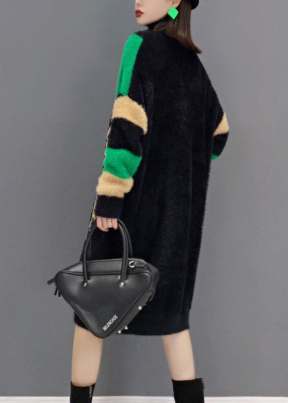 Classy Black Turtle Neck Print Thick Mink Velvet Dresses Spring