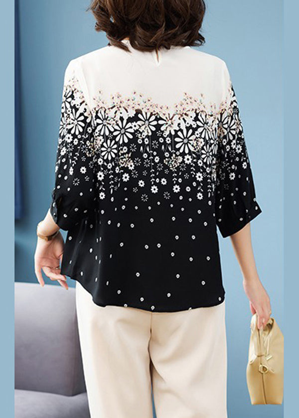 Classy Black O-neck Print Chiffon Shirts Summer