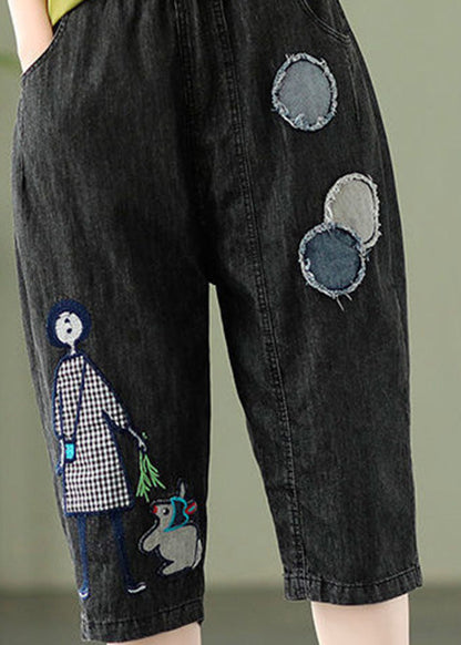 Blue Embroideried Print Elastic Waist Denim Crop Pants Summer