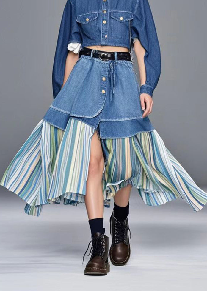 Blue Side Open Patchwork Striped Denim Skirt Spring