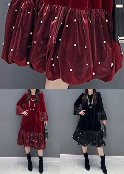 French Red Wrinkled Zircon Patchwork Silk Velour Dress Spring