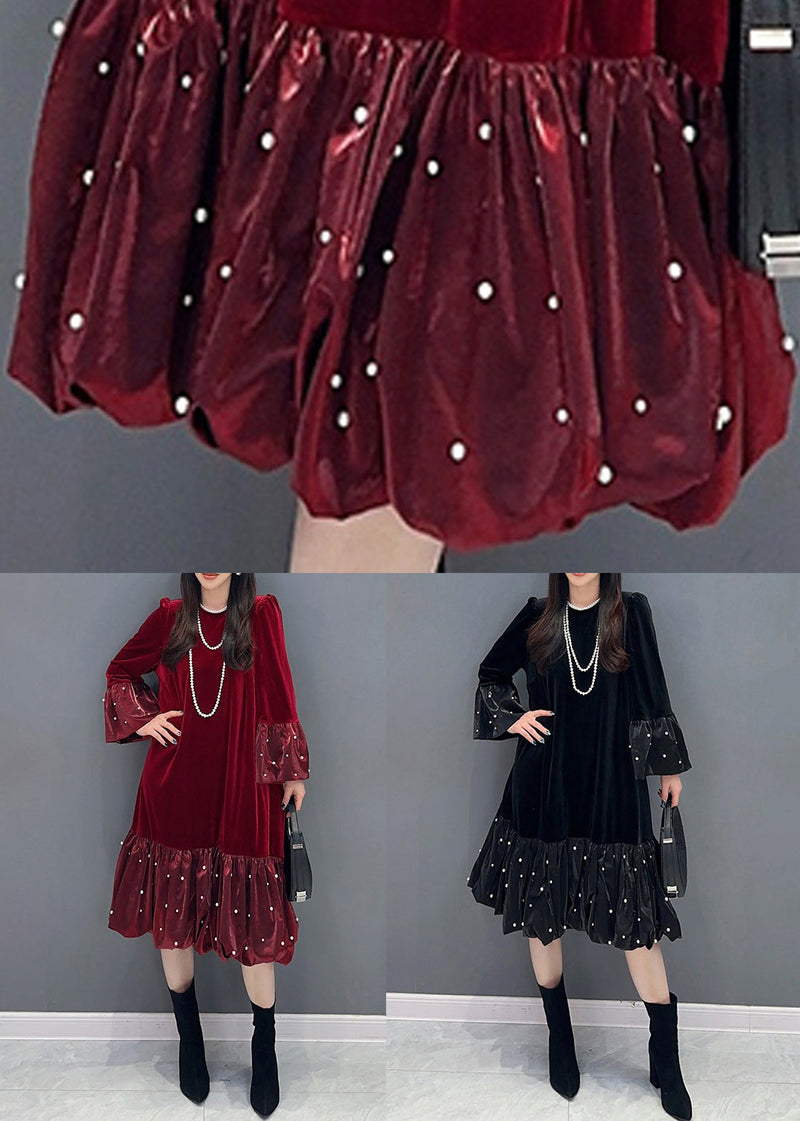 French Red Wrinkled Zircon Patchwork Silk Velour Dress Spring