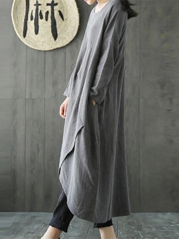 Gray Cotton Linen Dress O Neck Asymmetric Maxi Spring Dresses