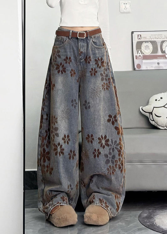 Navy Oversized Print Denim Pants Spring