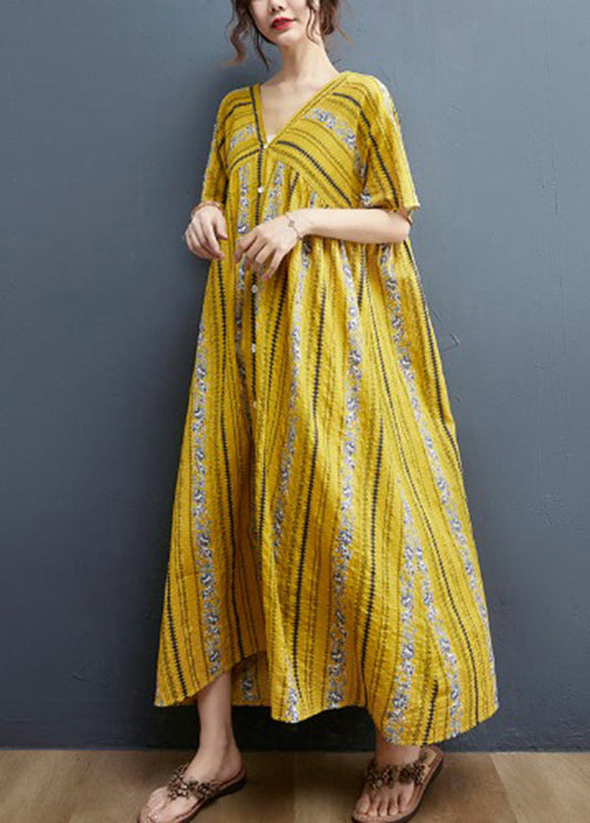 Yellow Print Cotton Maxi Dresses Short Sleeve