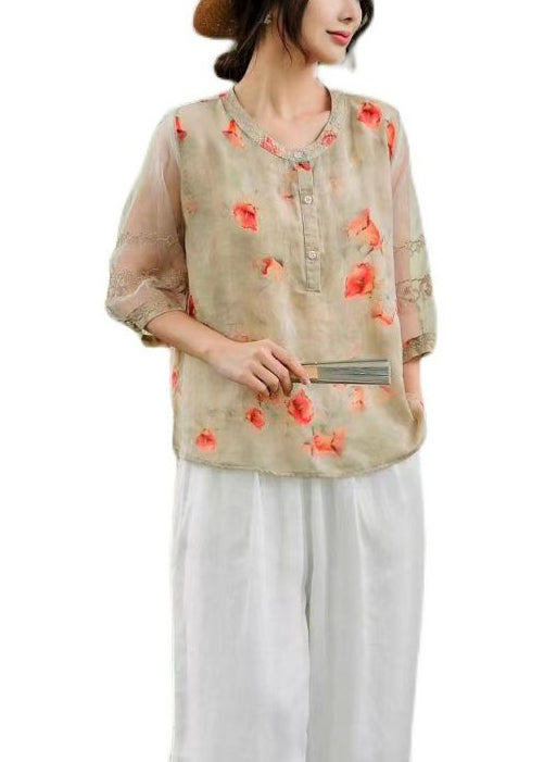 Orange Embroideried Print Linen Shirt Top Summer