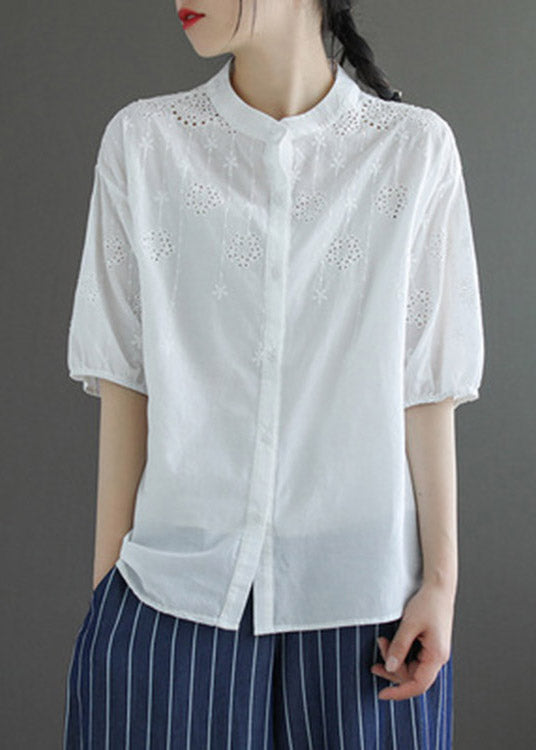Light Blue Stand Collar Embroideried Button Cotton Shirt Half Sleeve
