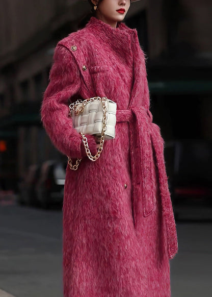 Rose Pockets Tie Waist Patchwork Woolen Long Coat Fall