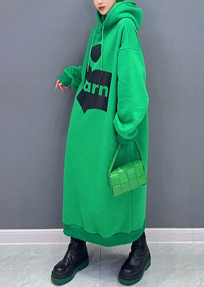Green Print Cotton Hooded Maxi Dress Fall