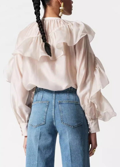 Stylish O-neck Ruffled Silk Shirts Fall