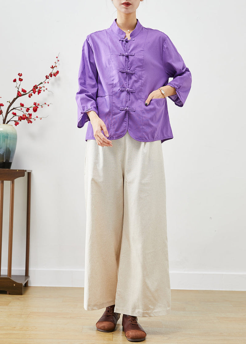 Purple Mandarin Collar Oriental Cotton Two Pieces Set Fall
