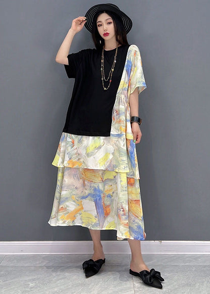 Black O-neck Drawstring Patchwork Print Cotton Holiday Dress Short Sleeve