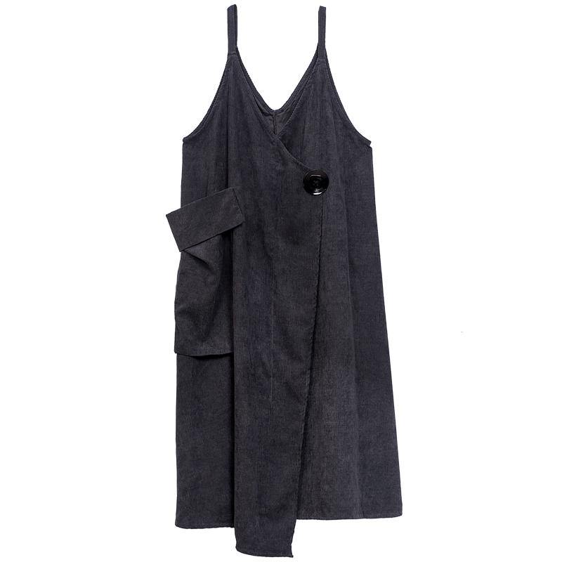 Grey Asymmetrical Design Corduroy Cotton Sundress