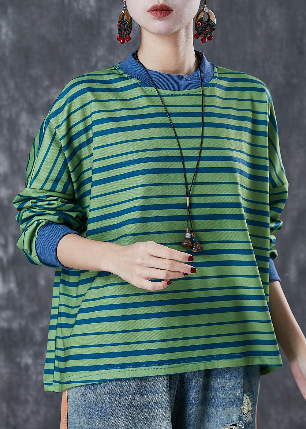 Style Green Oversized Striped Cotton Sweatshirt Spring
