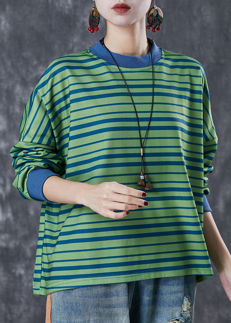 Style Green Oversized Striped Cotton Sweatshirt Spring