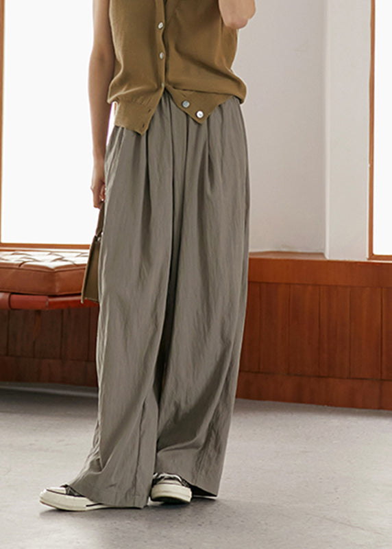 Grey Elastic Waist Pockets Wide Leg Pants Summer