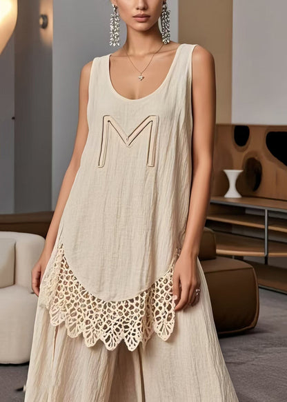 Beige Oversized Patchwork Lace Tanks Summer