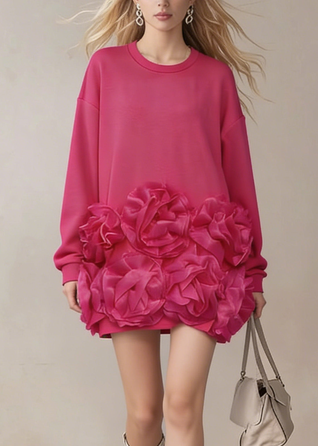Rose O Neck Cotton T Shirt Dress Spring
