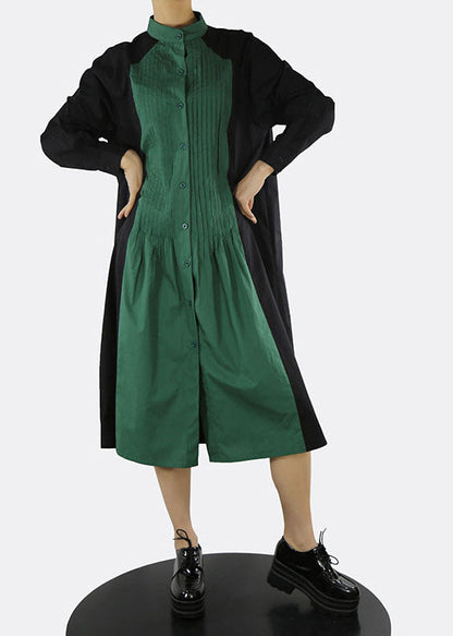 Classy Green Stand Collar Button Patchwork Shirt Dresses Spring