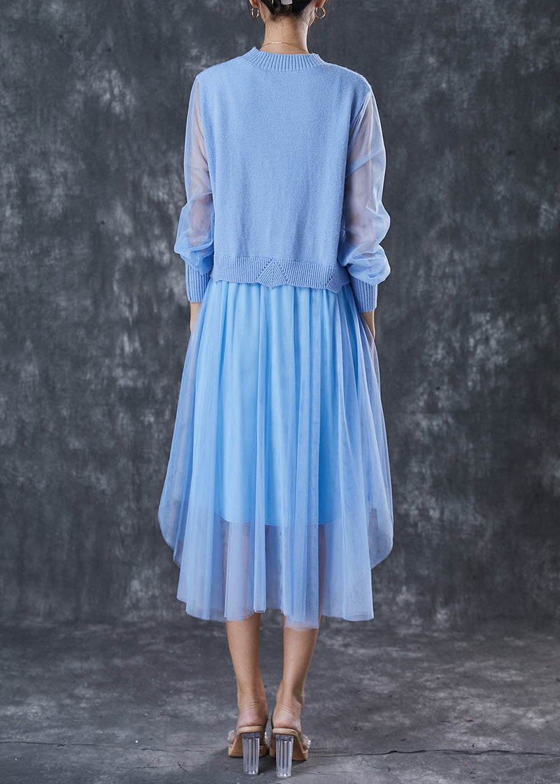 Unique Blue Exra Large Hem Patchwork Knit Dress Spring