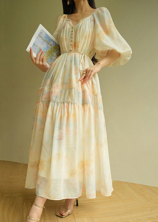 Wrinkled Print Tie Waist Cotton Long Dress Summer