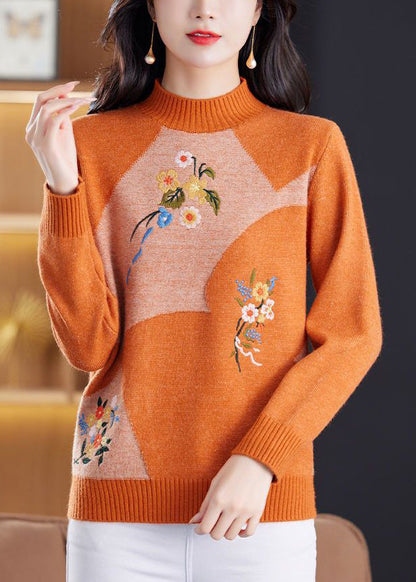 Wine Red Embroidered Patchwork Knit Sweater Tops Winter