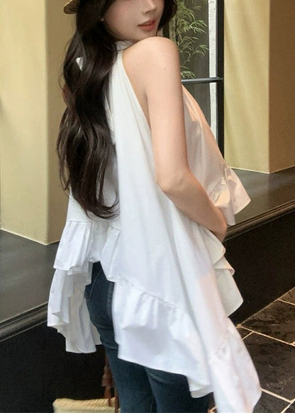 White Ruffled Exra Large Hem Cotton Shirt Sleeveless