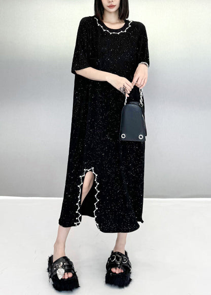 Black O Neck Nail Bead Cotton Dresses Summer