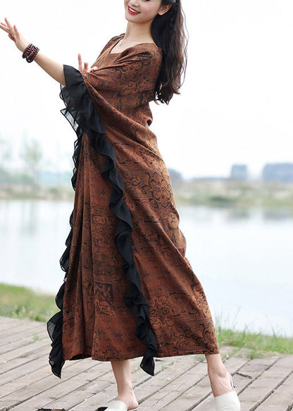 Original O-neck Ruffled Print Cotton Dresses Half Sleeve