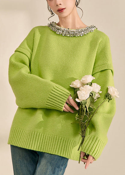Green O-neck Patchwork Cotton Knit Sweater Long Sleeve Winter