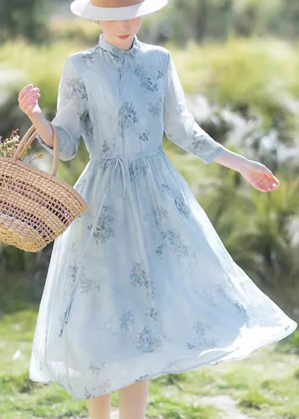 Blue Print Drawstring Chiffon Long Dress Summer