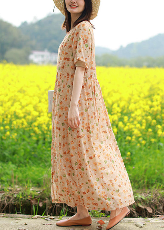 O-neck Cinched Button Print Long Dresses Short Sleeve