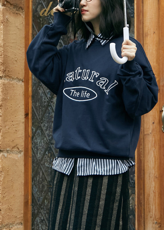 Navy Peter Pan Collar Graphic Embroideried Striped Patchwork Sweatshirts Fall