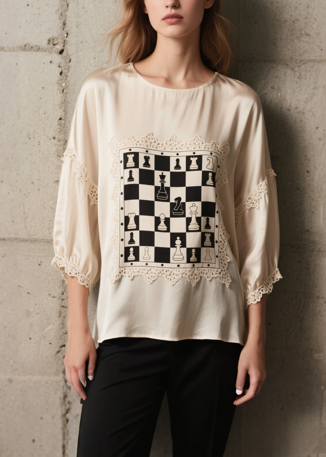 Style White Print Lace Patchwork Silk Top Bracelet Sleeve